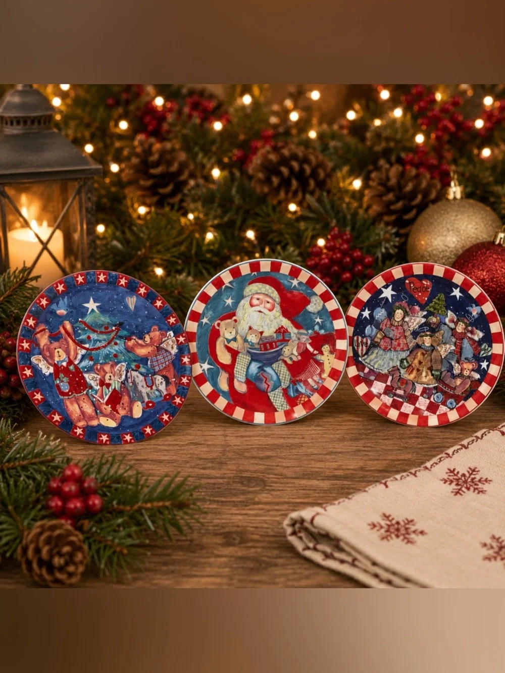 🔍(3) Vintage Christmas Decorative Collector Plates Santa, Bears & Angels Bundle